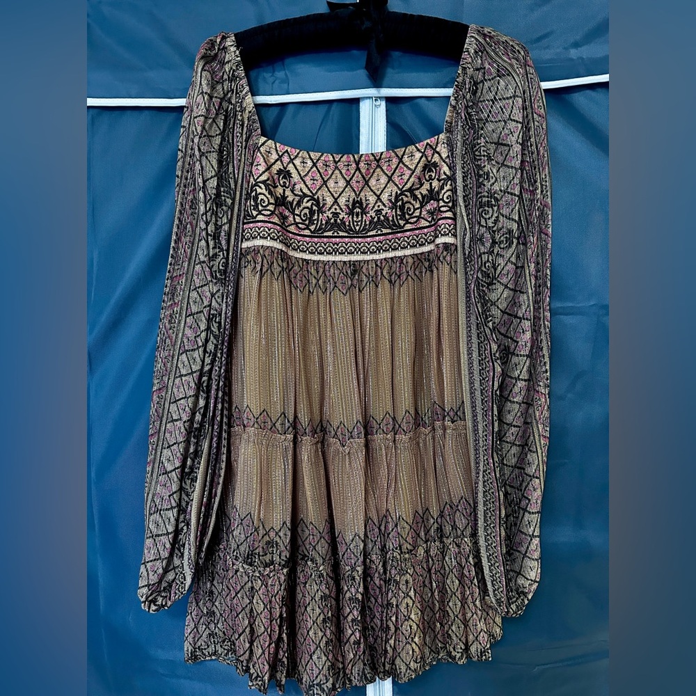 HEMANT & NANDITA Noor Tiered Mini Dress Boho Print Balloon Sleeve, Size S - Picture 9 of 11